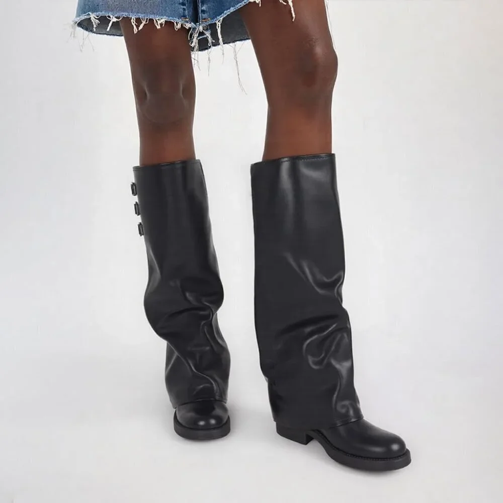 Women's Black Fall Slouchy Fold Over Tall Boots Motorcycle Zipper Fashion Buckle